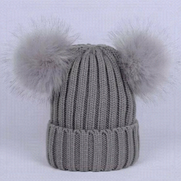 Gray Knitted Pom Pom Beanie - Picture 1 of 5